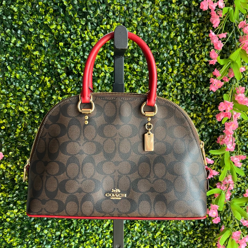 Coach Signature Brown Satchel with Red Accents